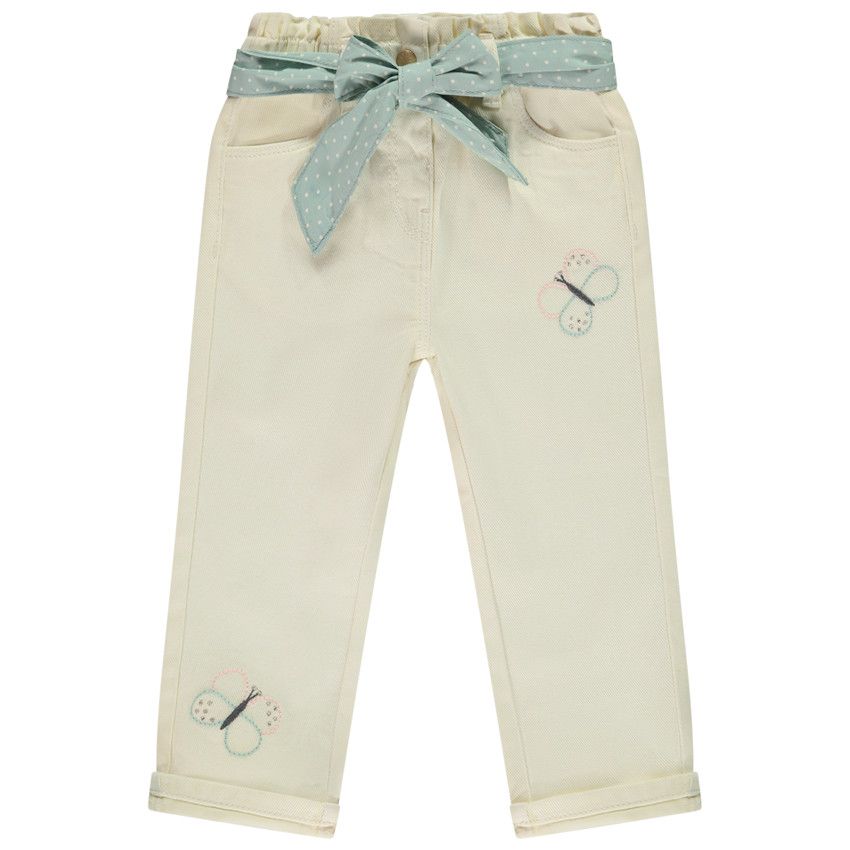 Orchestra Jean a ceinture foulard et broderies papillons pour bebe fille Ecru 23 mois Pantalon jeans Bebe fille Orchestra