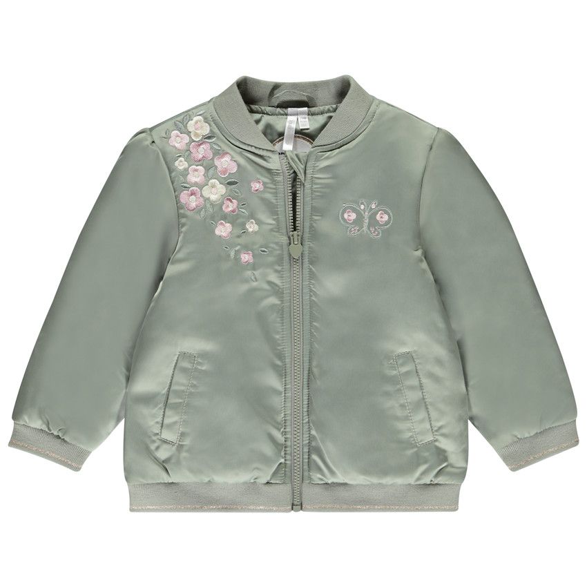 Orchestra Satin bomber with floral embroidery for baby girl Green