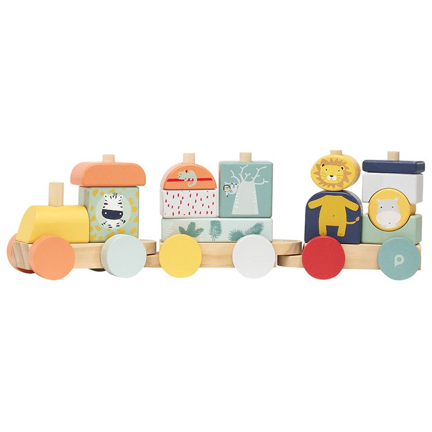 PREMAMAN Train en bois à tirer Happy wild Bleu Jouet 2ème âge