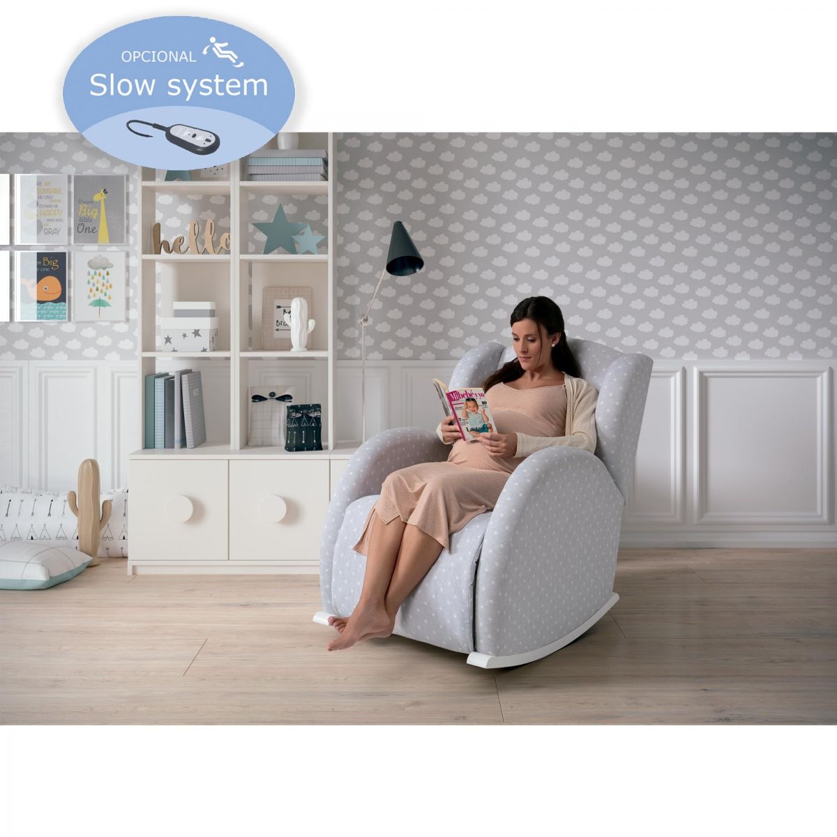Micuna Fauteuil A Bascule Lactancia Flor Slow System Tissu Blanc Galaxy Grey Mobilier Sommeil Orchestra