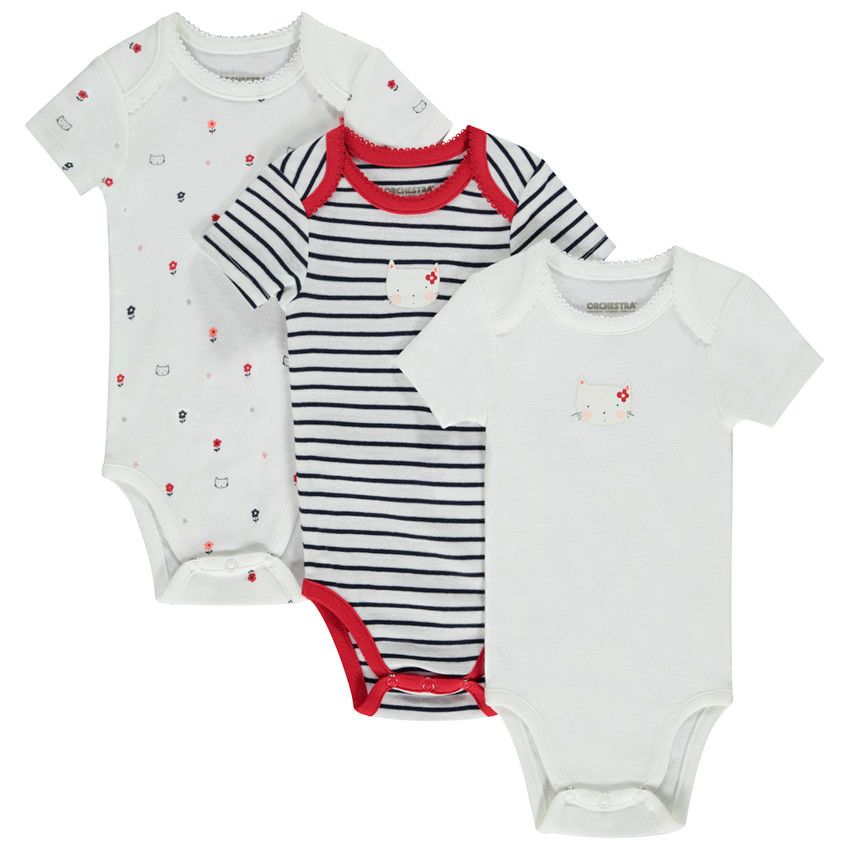 Orchestra Lot de 3 bodies manches courtes Chat pour bébé fille Ecru 1 mois Body Bébé fille